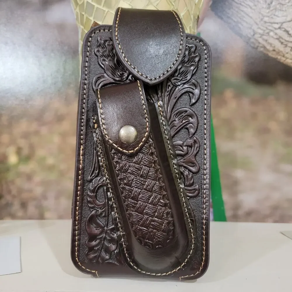 Western Leather Phone Holstor With Knife Sheath & Belt Clip LG Floral Basketweav